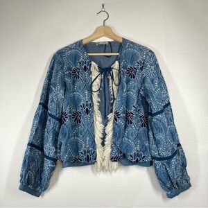 Zara Women Embroidered Boho Hippie Fringe Jacket Size S Whimsical Artsy Festival